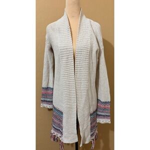 Roxy Cream Knit Open Front Long Cardigan Sweater Fringe Tassel Boho Size M